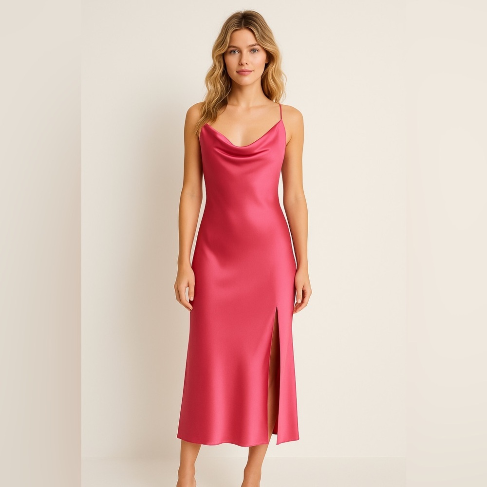 NWOT Glam Cowl neck Satin Maxi Slip Dress Pink sz Small - Picture 1 of 7